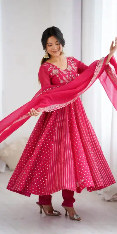SRK 5293 Pink With Crunchy Silk With Fully Flair with Lace Work & Embroidery Work Anarkali Gown . Introductory Price ₹2149. Delivery 4-6 Worki | Bollywood Gowns, Creative Gowns, Designer Gowns, Embroidered Gowns, Gowns, Party Wear Gowns