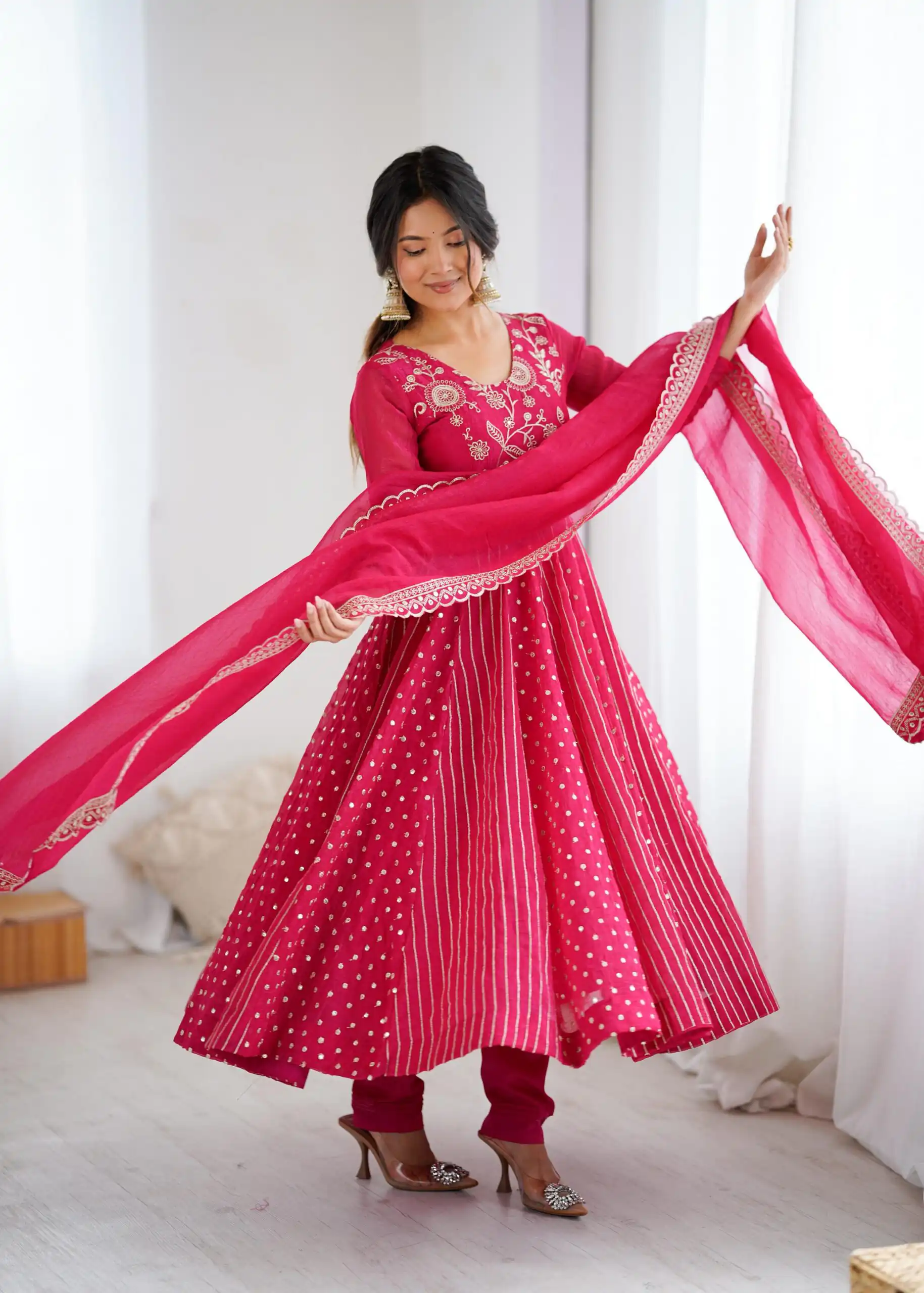 SRK 5293 Pink With Crunchy Silk With Fully Flair with Lace Work & Embroidery Work Anarkali Gown . Introductory Price ₹2149. Delivery 4-6 Worki | Bollywood Gowns, Creative Gowns, Designer Gowns, Embroidered Gowns, Gowns, Party Wear Gowns