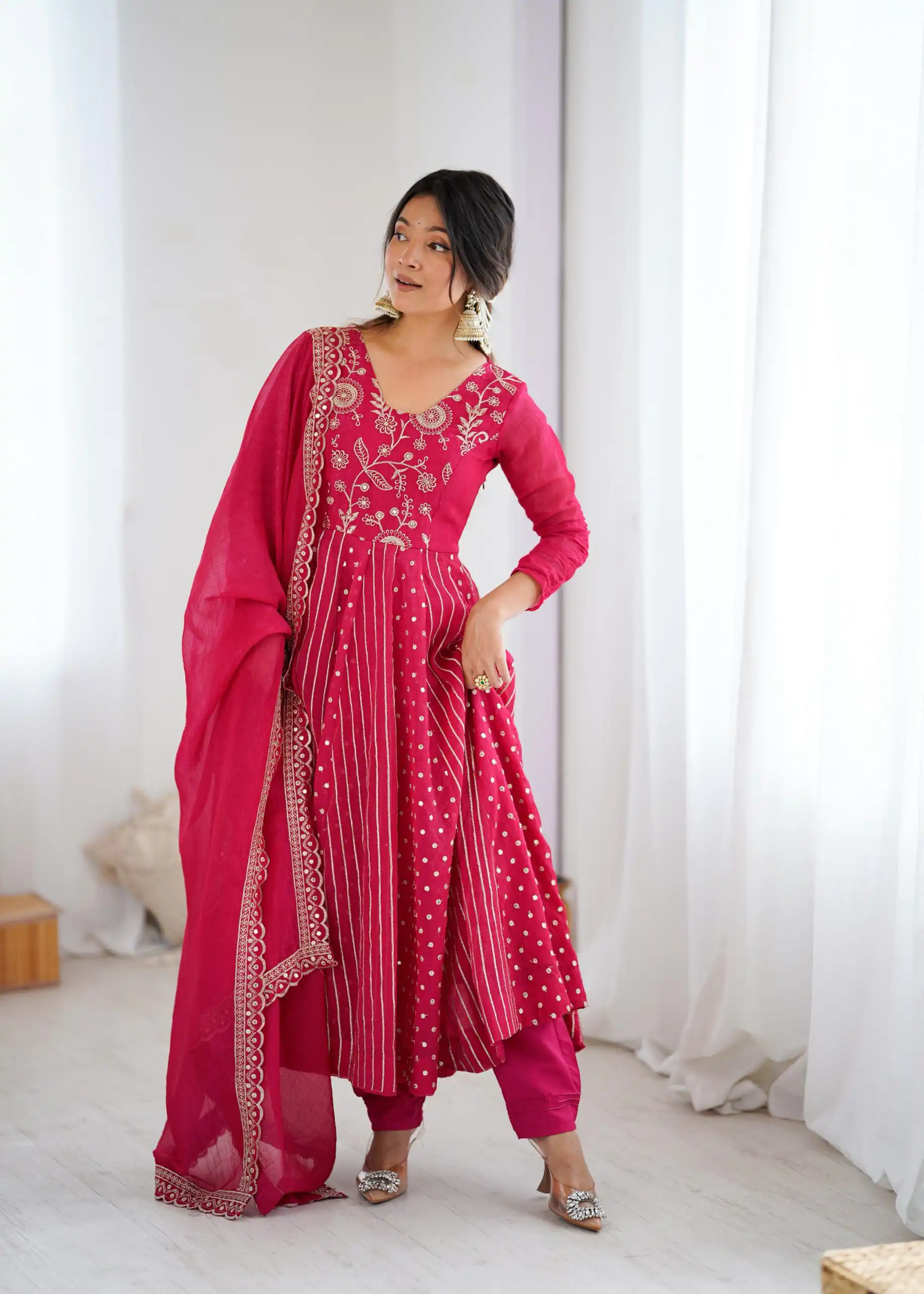 SRK 5293 Pink With Crunchy Silk With Fully Flair with Lace Work & Embroidery Work Anarkali Gown . Introductory Price ₹2149. Delivery 4-6 Worki | Bollywood Gowns, Creative Gowns, Designer Gowns, Embroidered Gowns, Gowns, Party Wear Gowns