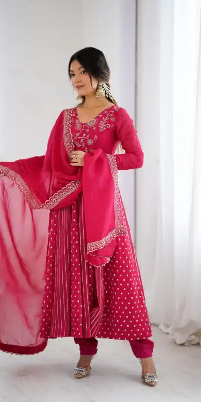 SRK 5293 Pink With Crunchy Silk With Fully Flair with Lace Work & Embroidery Work Anarkali Gown . Introductory Price ₹2149. Delivery 4-6 Worki | Bollywood Gowns, Creative Gowns, Designer Gowns, Embroidered Gowns, Gowns, Party Wear Gowns