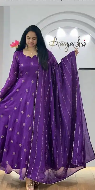 PC 482 Purple Chinon Gown with Embroidery Work. Wedding, Party, Festive, Events, Introductory Price ₹1949. Delivery 4-6 Working Days. Shop now. | Bollywood Gowns, Creative Gowns, Designer Gowns, Embroidered Gowns, Gowns, Party Wear Gowns