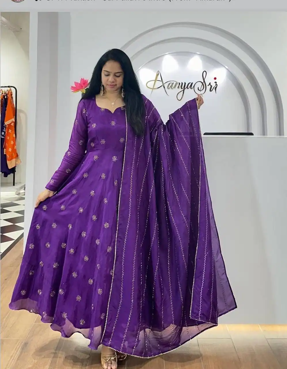 PC 482 Purple Chinon Gown with Embroidery Work. Wedding, Party, Festive, Events, Introductory Price ₹1949. Delivery 4-6 Working Days. Shop now. | Bollywood Gowns, Creative Gowns, Designer Gowns, Embroidered Gowns, Gowns, Party Wear Gowns