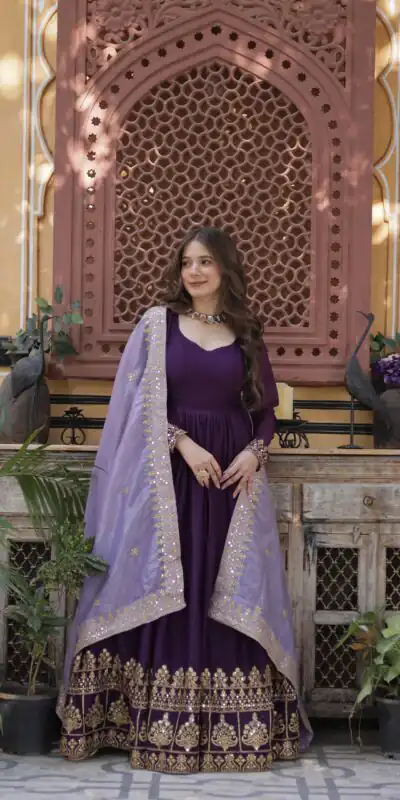 KA 1143 Purple Faux Georgette Sequence Work Gown Gown. Wedding, Party, Festive, Events Grab it for ₹2649. Delivery 4-6 Working Days. Shop now. | Bollywood Gowns, Creative Gowns, Designer Gowns, Embroidered Gowns, Gowns, Party Wear Gowns