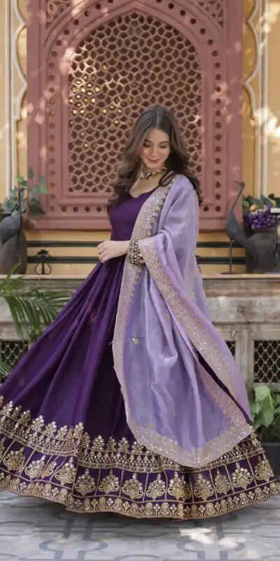 KA 1143 Purple Faux Georgette Sequence Work Gown Gown. Wedding, Party, Festive, Events Grab it for ₹2649. Delivery 4-6 Working Days. Shop now. | Bollywood Gowns, Creative Gowns, Designer Gowns, Embroidered Gowns, Gowns, Party Wear Gowns