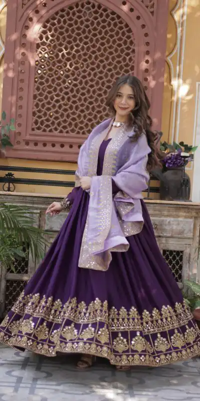 KA 1143 Purple Faux Georgette Sequence Work Gown Gown. Wedding, Party, Festive, Events Grab it for ₹2649. Delivery 4-6 Working Days. Shop now. | Bollywood Gowns, Creative Gowns, Designer Gowns, Embroidered Gowns, Gowns, Party Wear Gowns