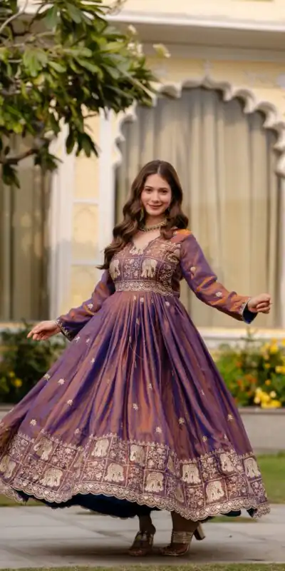 RR 38 Purple Fendy Satin Gown Perfect for Wedding, Party, Pongal, Makar Sankranti, Ganesh Chaturthi – . Available at ₹2649 only. Delivery 4-6 Wor | Bollywood Gowns, Creative Gowns, Designer Gowns, Embroidered Gowns, Gowns, Party Wear Gowns
