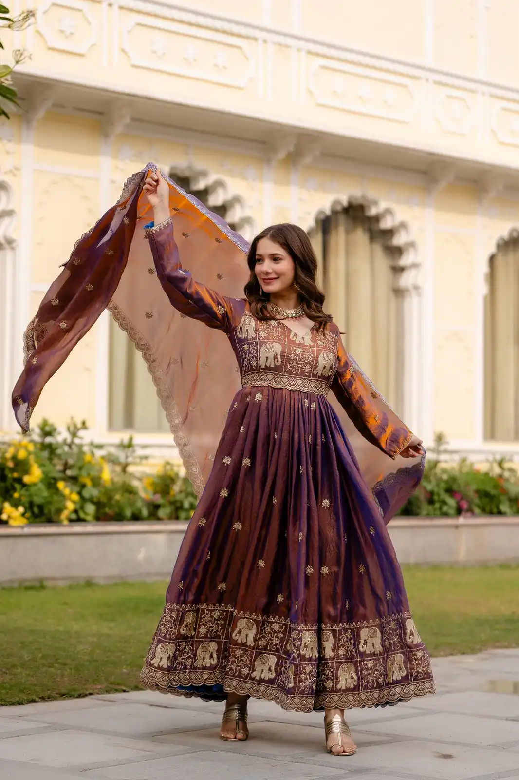 RR 38 Purple Fendy Satin Gown Perfect for Wedding, Party, Pongal, Makar Sankranti, Ganesh Chaturthi – . Available at ₹2649 only. Delivery 4-6 Wor | Bollywood Gowns, Creative Gowns, Designer Gowns, Embroidered Gowns, Gowns, Party Wear Gowns