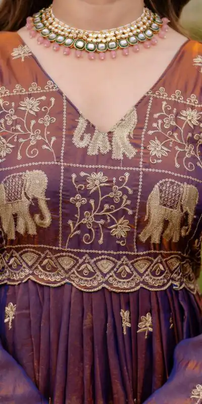 RR 38 Purple Fendy Satin Gown Perfect for Wedding, Party, Pongal, Makar Sankranti, Ganesh Chaturthi – . Available at ₹2649 only. Delivery 4-6 Wor | Bollywood Gowns, Creative Gowns, Designer Gowns, Embroidered Gowns, Gowns, Party Wear Gowns