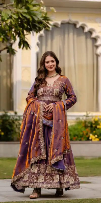 RR 38 Purple Fendy Satin Gown Perfect for Wedding, Party, Pongal, Makar Sankranti, Ganesh Chaturthi – . Available at ₹2649 only. Delivery 4-6 Wor | Bollywood Gowns, Creative Gowns, Designer Gowns, Embroidered Gowns, Gowns, Party Wear Gowns
