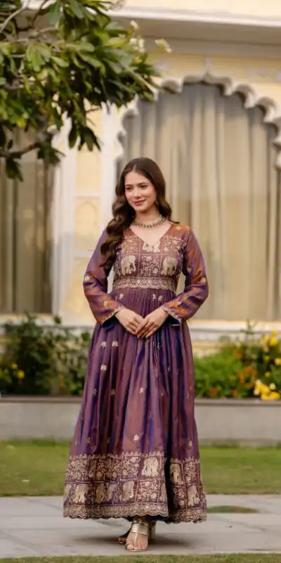 RR 38 Purple Fendy Satin Gown Perfect for Wedding, Party, Pongal, Makar Sankranti, Ganesh Chaturthi – . Available at ₹2649 only. Delivery 4-6 Wor | Bollywood Gowns, Creative Gowns, Designer Gowns, Embroidered Gowns, Gowns, Party Wear Gowns