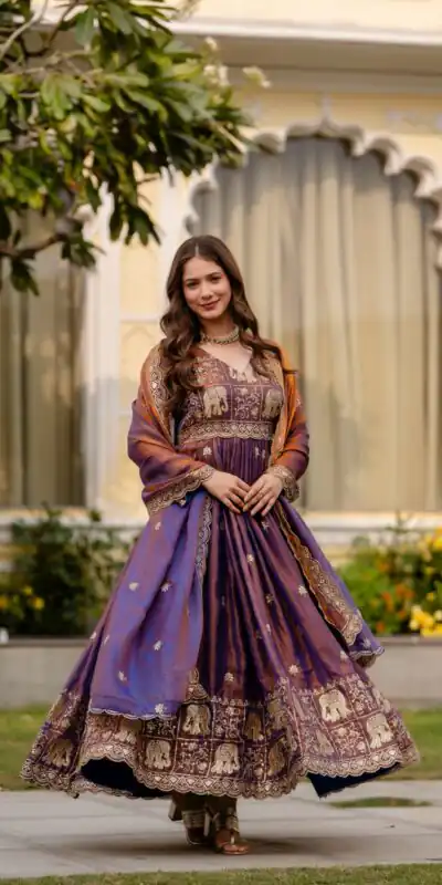 RR 38 Purple Fendy Satin Gown Perfect for Wedding, Party, Pongal, Makar Sankranti, Ganesh Chaturthi – . Available at ₹2649 only. Delivery 4-6 Wor | Bollywood Gowns, Creative Gowns, Designer Gowns, Embroidered Gowns, Gowns, Party Wear Gowns