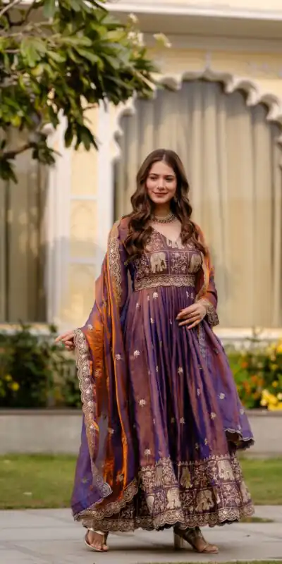 RR 38 Purple Fendy Satin Gown Perfect for Wedding, Party, Pongal, Makar Sankranti, Ganesh Chaturthi – . Available at ₹2649 only. Delivery 4-6 Wor | Bollywood Gowns, Creative Gowns, Designer Gowns, Embroidered Gowns, Gowns, Party Wear Gowns