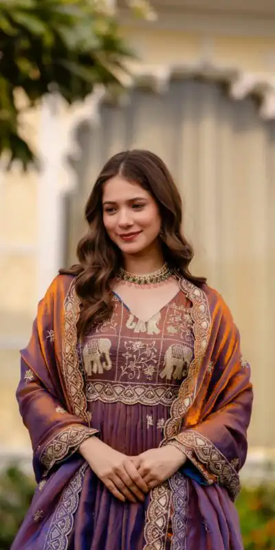 RR 38 Purple Fendy Satin Gown Perfect for Wedding, Party, Pongal, Makar Sankranti, Ganesh Chaturthi – . Available at ₹2649 only. Delivery 4-6 Wor | Bollywood Gowns, Creative Gowns, Designer Gowns, Embroidered Gowns, Gowns, Party Wear Gowns