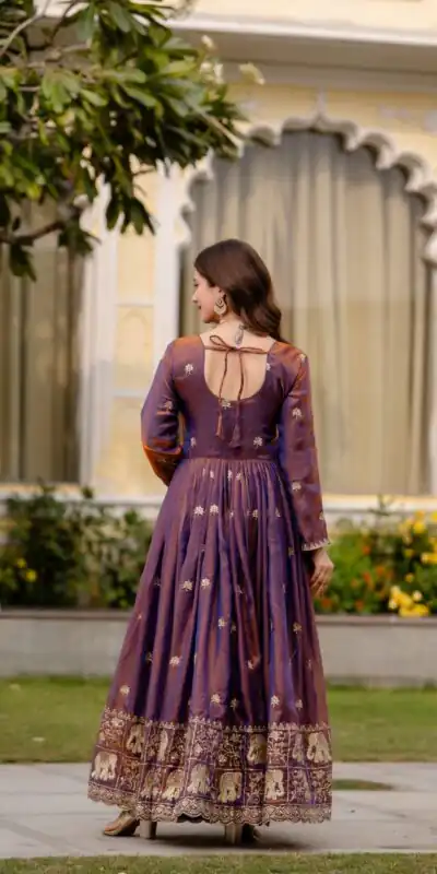 RR 38 Purple Fendy Satin Gown Perfect for Wedding, Party, Pongal, Makar Sankranti, Ganesh Chaturthi – . Available at ₹2649 only. Delivery 4-6 Wor | Bollywood Gowns, Creative Gowns, Designer Gowns, Embroidered Gowns, Gowns, Party Wear Gowns