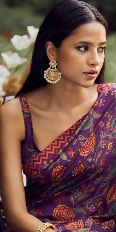 KT 174 Purple Digital Print & Lace Work Saree in Blue Softy Silk. Introductory Price ₹1474. Delivery 4-6 Working Days. Shop now. | Bollywood Sarees, Creative Sarees, Designer Sarees, Embroidered Sarees, Ethnic Saree, Modern Digital sarees, Party Wear Sarees, Sarees