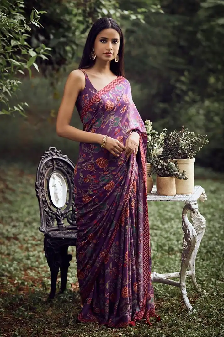 KT 174 Purple Digital Print & Lace Work Saree in Blue Softy Silk. Introductory Price ₹1474. Delivery 4-6 Working Days. Shop now. | Bollywood Sarees, Creative Sarees, Designer Sarees, Embroidered Sarees, Ethnic Saree, Modern Digital sarees, Party Wear Sarees, Sarees