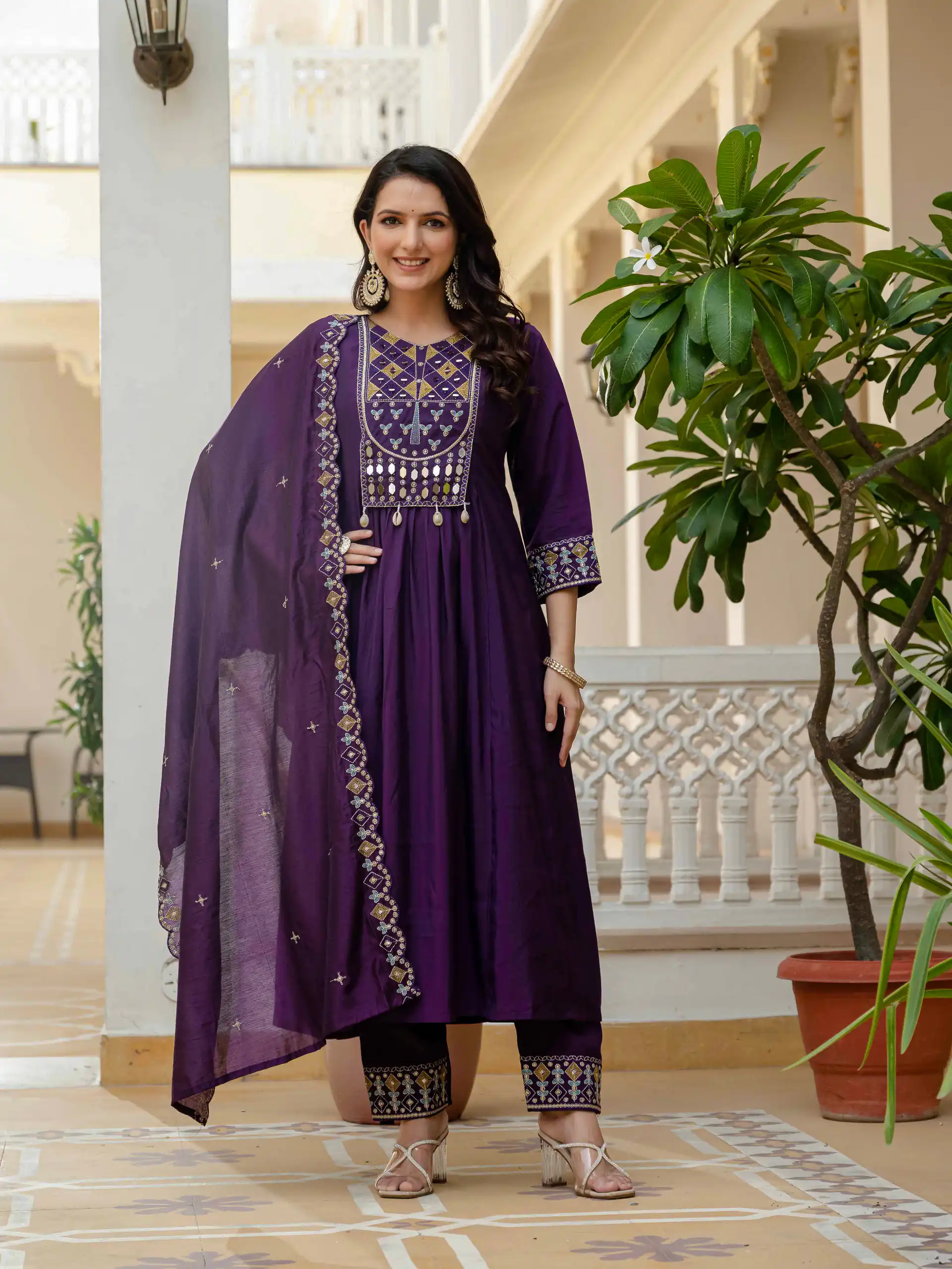 Purple Viscose Roman Silk Mirror Work Anarkali Suit