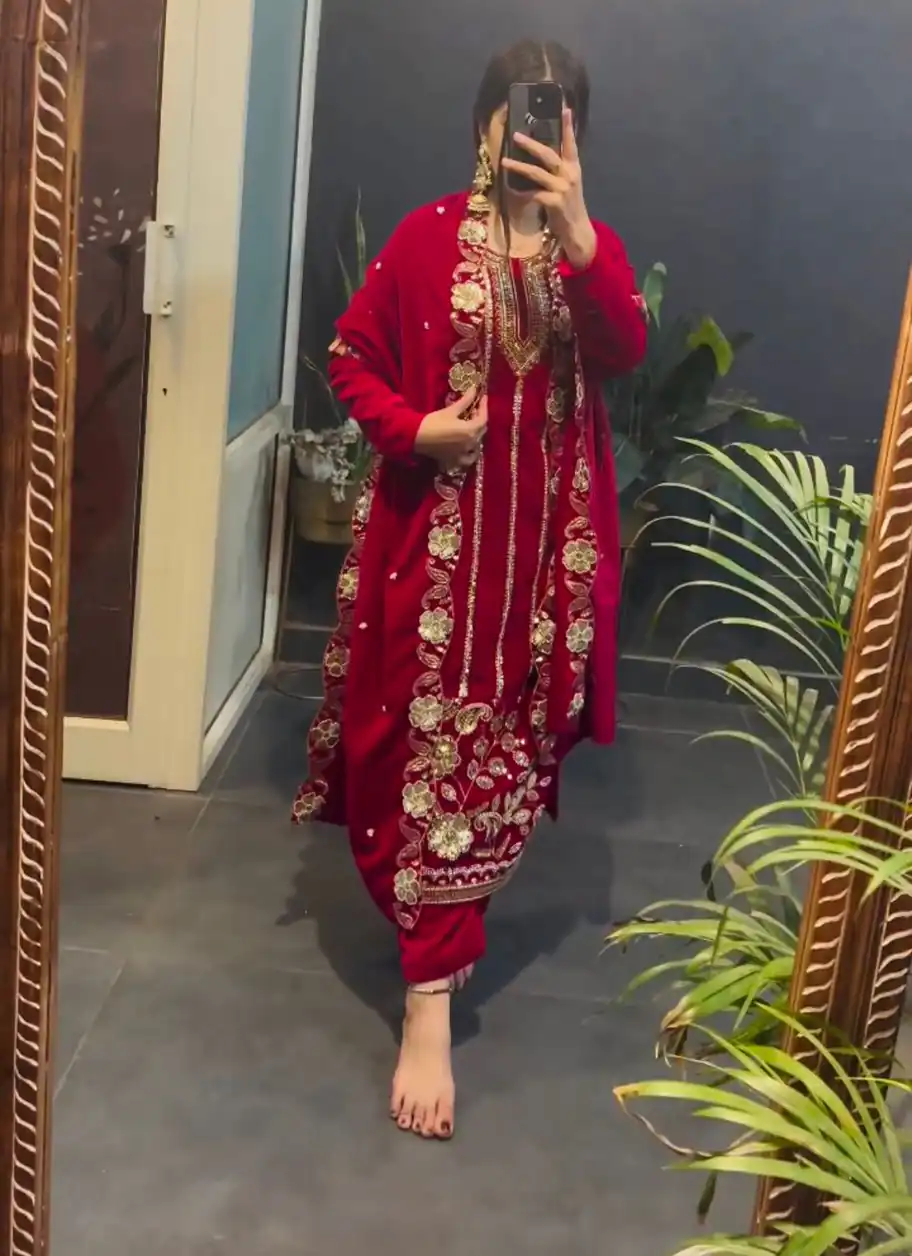 ST 1134 Red 9000 Velvet Salwar Suit with Lace Work & Embroidery Work. Available at ₹2099 only. Delivery 4-6 Working Days. Shop now. | Jump Suits, Straight Suits, Casual Suits, Creative suits, Designer Suits, Palazzo Suits, Party Wear Suits, Patiala Suits, Salwar suit
