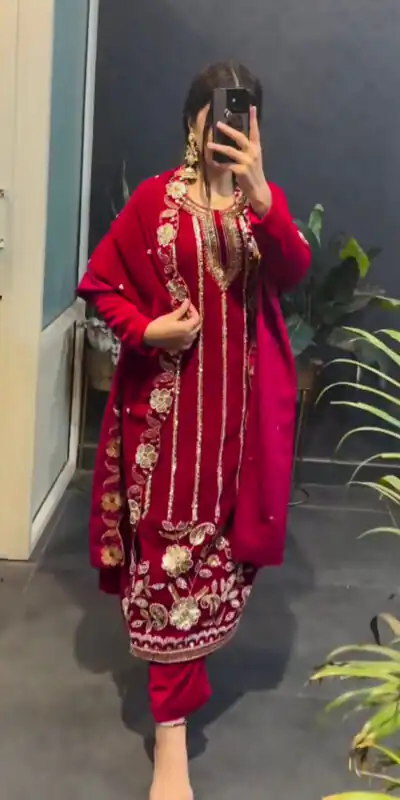 ST 1134 Red 9000 Velvet Salwar Suit with Lace Work & Embroidery Work. Available at ₹2099 only. Delivery 4-6 Working Days. Shop now. | Jump Suits, Straight Suits, Casual Suits, Creative suits, Designer Suits, Palazzo Suits, Party Wear Suits, Patiala Suits, Salwar suit