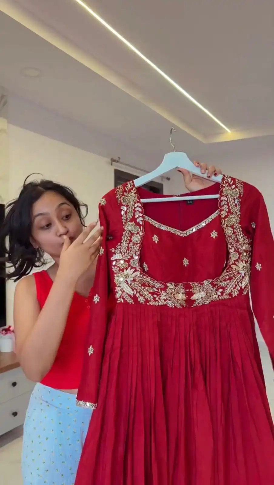 Red Chinon Mirror Lace Work Salwar Suit - Image 3