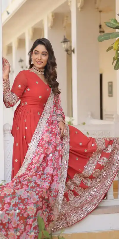 KA 1078 Red Faux Georgette Gown Perfect for Wedding, Party, Makar Sankranti, Karwa Chauth, Ethnic Day – . Now at just ₹3349. Delivery 4-6 Working D | Bollywood Gowns, Creative Gowns, Designer Gowns, Embroidered Gowns, Gowns, Party Wear Gowns