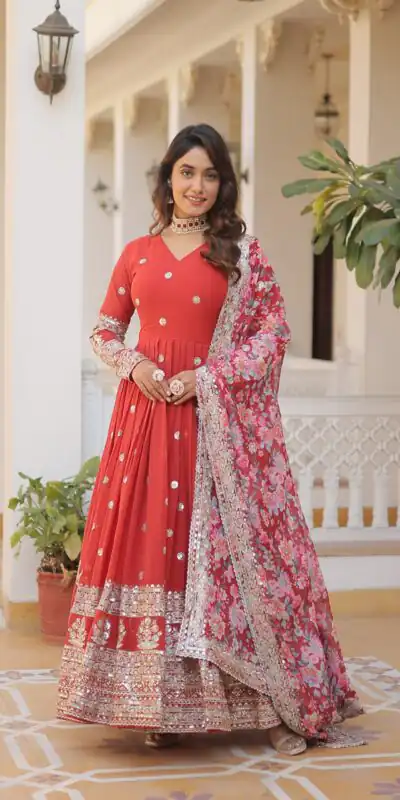 KA 1078 Red Faux Georgette Gown Perfect for Wedding, Party, Makar Sankranti, Karwa Chauth, Ethnic Day – . Now at just ₹3349. Delivery 4-6 Working D | Bollywood Gowns, Creative Gowns, Designer Gowns, Embroidered Gowns, Gowns, Party Wear Gowns