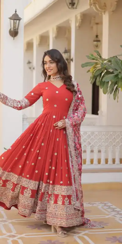 KA 1078 Red Faux Georgette Gown Perfect for Wedding, Party, Makar Sankranti, Karwa Chauth, Ethnic Day – . Now at just ₹3349. Delivery 4-6 Working D | Bollywood Gowns, Creative Gowns, Designer Gowns, Embroidered Gowns, Gowns, Party Wear Gowns