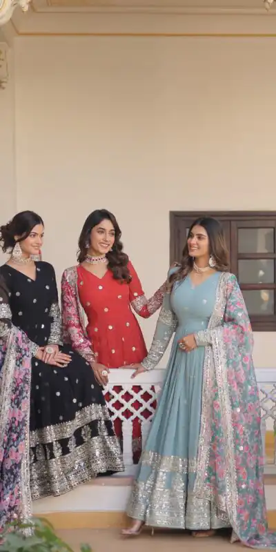 KA 1078 Red Faux Georgette Gown Perfect for Wedding, Party, Makar Sankranti, Karwa Chauth, Ethnic Day – . Now at just ₹3349. Delivery 4-6 Working D | Bollywood Gowns, Creative Gowns, Designer Gowns, Embroidered Gowns, Gowns, Party Wear Gowns