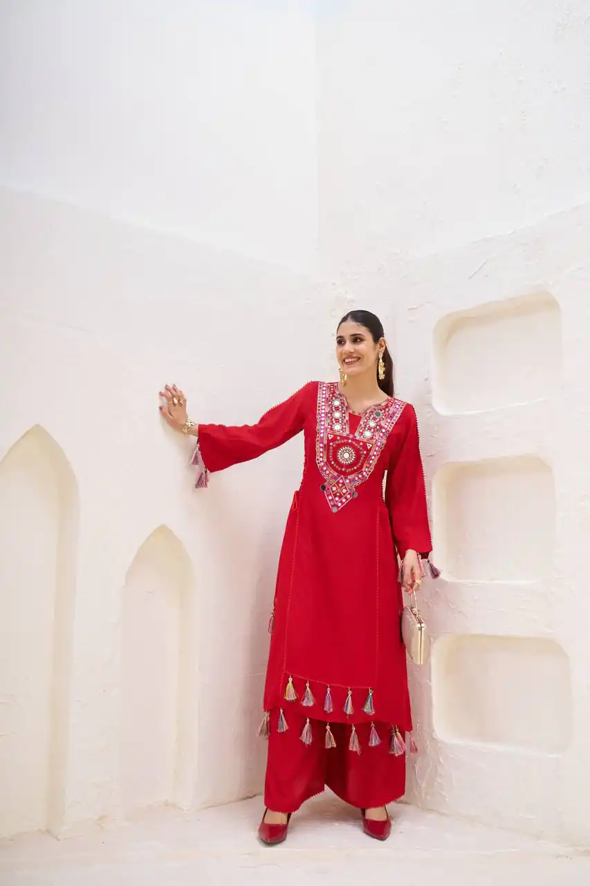MF 912 Red in Rayon Cotton Embroidery & Mirror Work Salwar Suit . Introductory Price ₹1899. Delivery 4-6 Working Days. Shop now. | Jump Suits, Straight Suits, Casual Suits, Creative suits, Designer Suits, Palazzo Suits, Party Wear Suits, Patiala Suits, Salwar suit