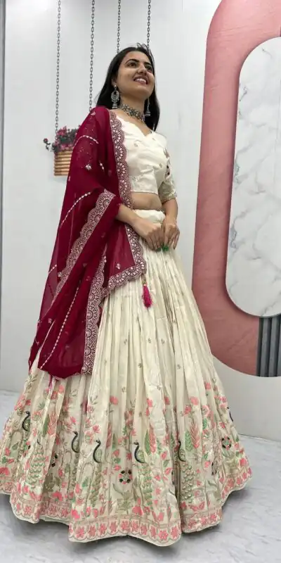 PC 546 Red Tissue Silk Lehenga Choli with Lace Work & Cut Work. Wedding, Party, Festive, Events Only 3249 Delivery 4-6 Working Days. Shop now. | Bollywood Lehenga, Creative Lehenga, Designer Lehenga, Embroidered Lehenga, Lehenga, Party Wear Lehenga