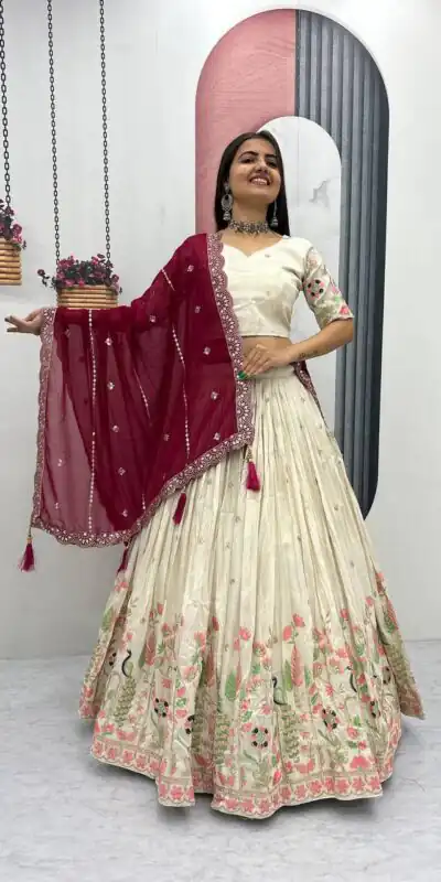 PC 546 Red Tissue Silk Lehenga Choli with Lace Work & Cut Work. Wedding, Party, Festive, Events Only 3249 Delivery 4-6 Working Days. Shop now. | Bollywood Lehenga, Creative Lehenga, Designer Lehenga, Embroidered Lehenga, Lehenga, Party Wear Lehenga