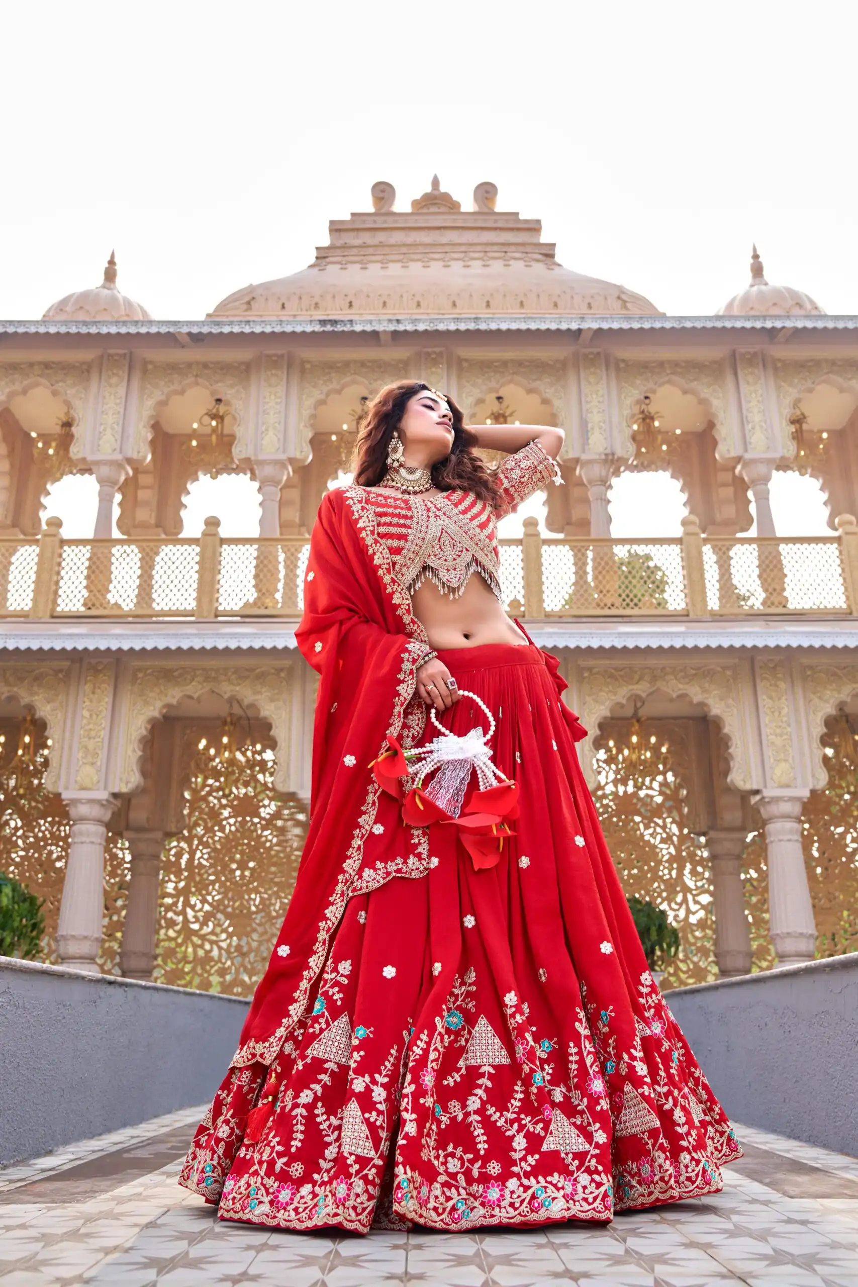 Red Vichitra Silk Thread Embroider Work Lehenga Choli - Image 2