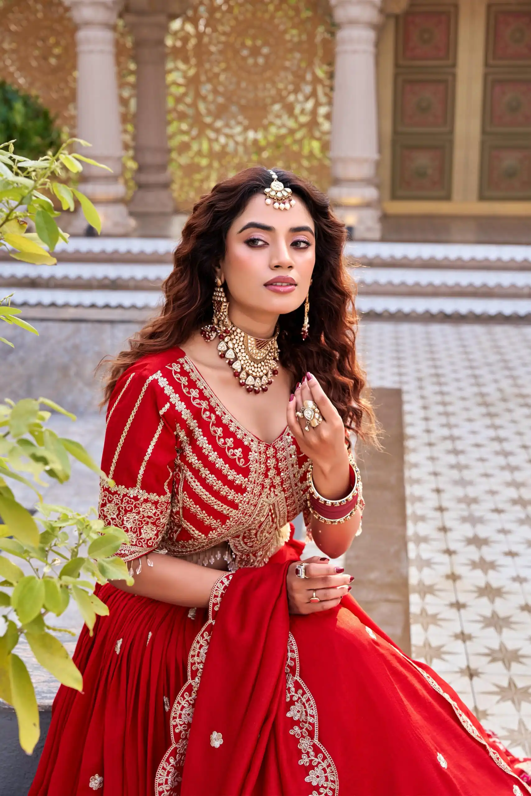 Red Vichitra Silk Thread Embroider Work Lehenga Choli - Image 3