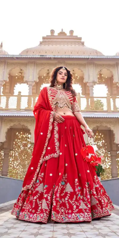 Red Vichitra Silk Thread Embroider Work Lehenga Choli