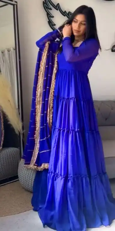 KD 1539 Royal Blue Faux Georgette Ruffle Style Gown. Wedding, Party, Festive, Events Grab it for ₹2099. Delivery 4-6 Working Days. Shop now. | Bollywood Gowns, Creative Gowns, Designer Gowns, Embroidered Gowns, Gowns, Party Wear Gowns