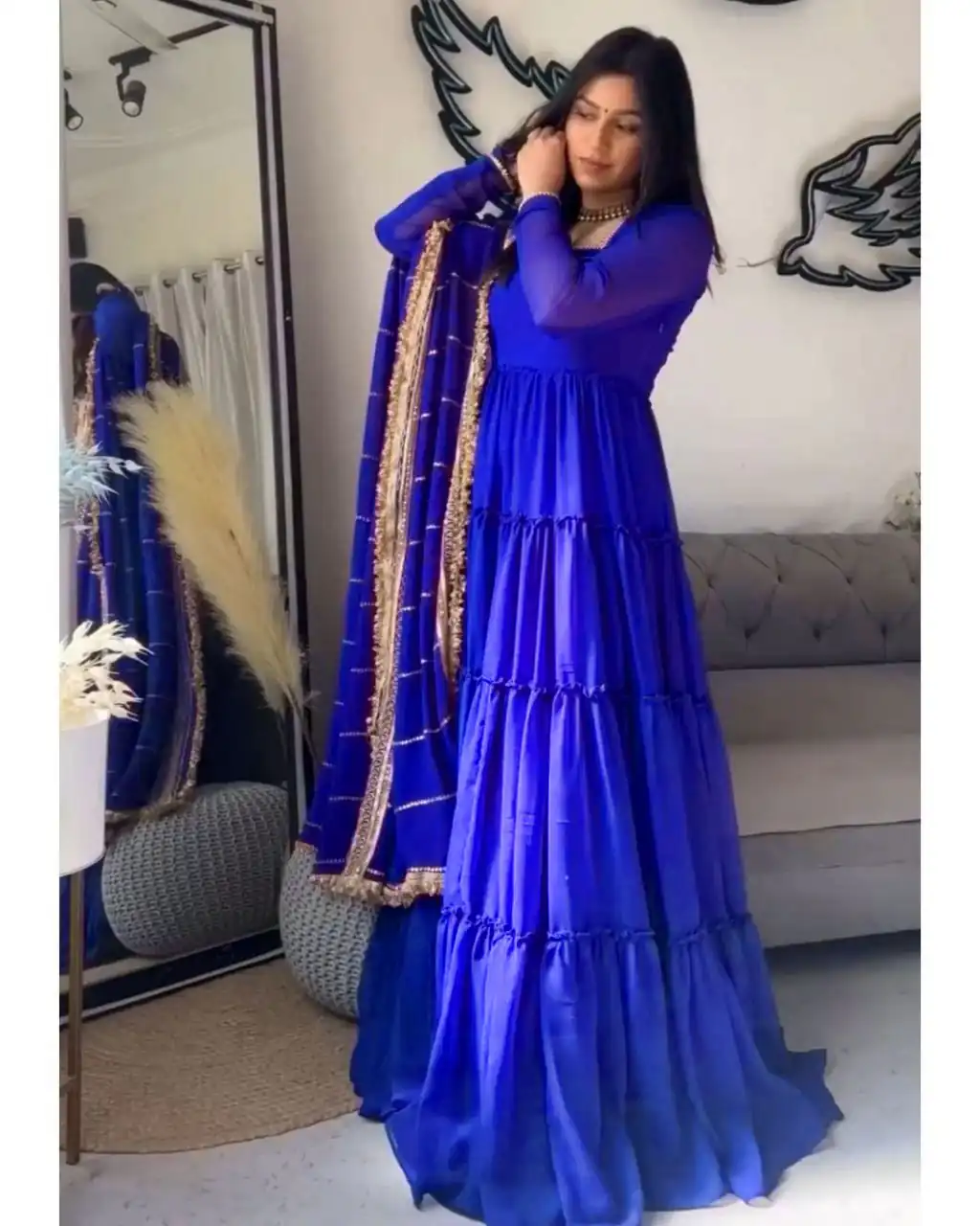 KD 1539 Royal Blue Faux Georgette Ruffle Style Gown. Wedding, Party, Festive, Events Grab it for ₹2099. Delivery 4-6 Working Days. Shop now. | Bollywood Gowns, Creative Gowns, Designer Gowns, Embroidered Gowns, Gowns, Party Wear Gowns