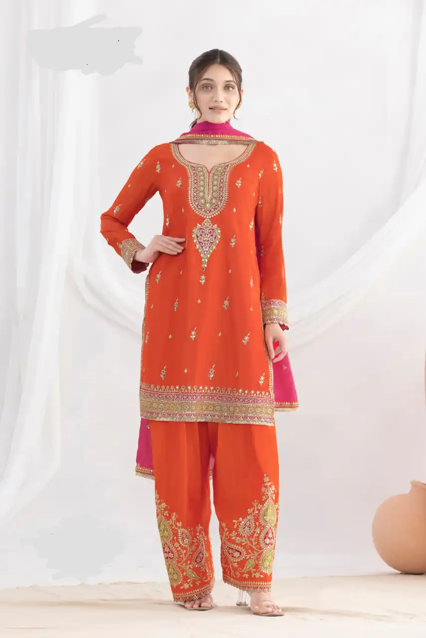 Rust Chinon Embroidery Mirror Work Salwar Suit