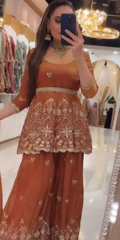 ZSR 3162 Rust Fendy Silk Salwar Suit with Mirror Work & Embroidery Work. Best Price ₹2149. Delivery 4-6 Working Days. Shop now. | Jump Suits, Straight Suits, Casual Suits, Creative suits, Designer Suits, Palazzo Suits, Party Wear Suits, Patiala Suits, Salwar suit