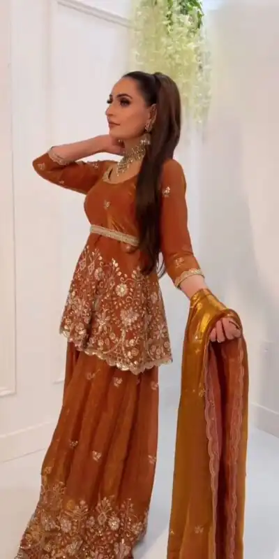 ZSR 3162 Rust Fendy Silk Salwar Suit with Mirror Work & Embroidery Work. Best Price ₹2149. Delivery 4-6 Working Days. Shop now. | Jump Suits, Straight Suits, Casual Suits, Creative suits, Designer Suits, Palazzo Suits, Party Wear Suits, Patiala Suits, Salwar suit