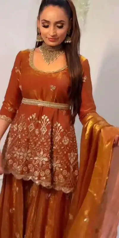 ZSR 3162 Rust Fendy Silk Salwar Suit with Mirror Work & Embroidery Work. Best Price ₹2149. Delivery 4-6 Working Days. Shop now. | Jump Suits, Straight Suits, Casual Suits, Creative suits, Designer Suits, Palazzo Suits, Party Wear Suits, Patiala Suits, Salwar suit