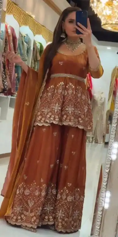 ZSR 3162 Rust Fendy Silk Salwar Suit with Mirror Work & Embroidery Work. Best Price ₹2149. Delivery 4-6 Working Days. Shop now. | Jump Suits, Straight Suits, Casual Suits, Creative suits, Designer Suits, Palazzo Suits, Party Wear Suits, Patiala Suits, Salwar suit