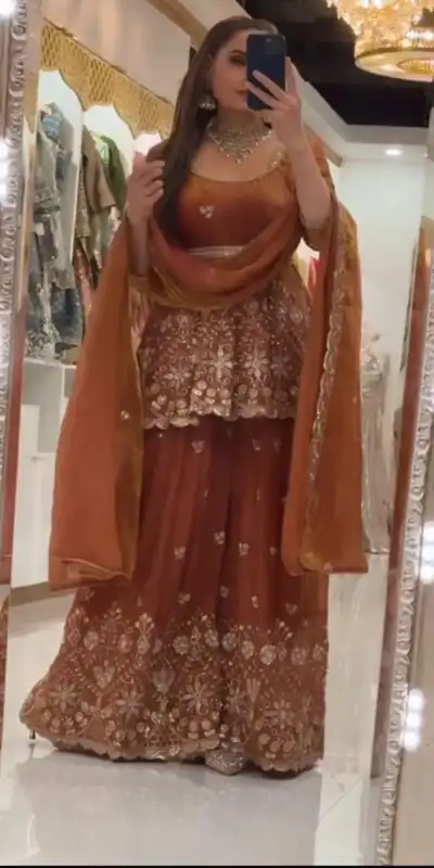 ZSR 3162 Rust Fendy Silk Salwar Suit with Mirror Work & Embroidery Work. Best Price ₹2149. Delivery 4-6 Working Days. Shop now. | Jump Suits, Straight Suits, Casual Suits, Creative suits, Designer Suits, Palazzo Suits, Party Wear Suits, Patiala Suits, Salwar suit