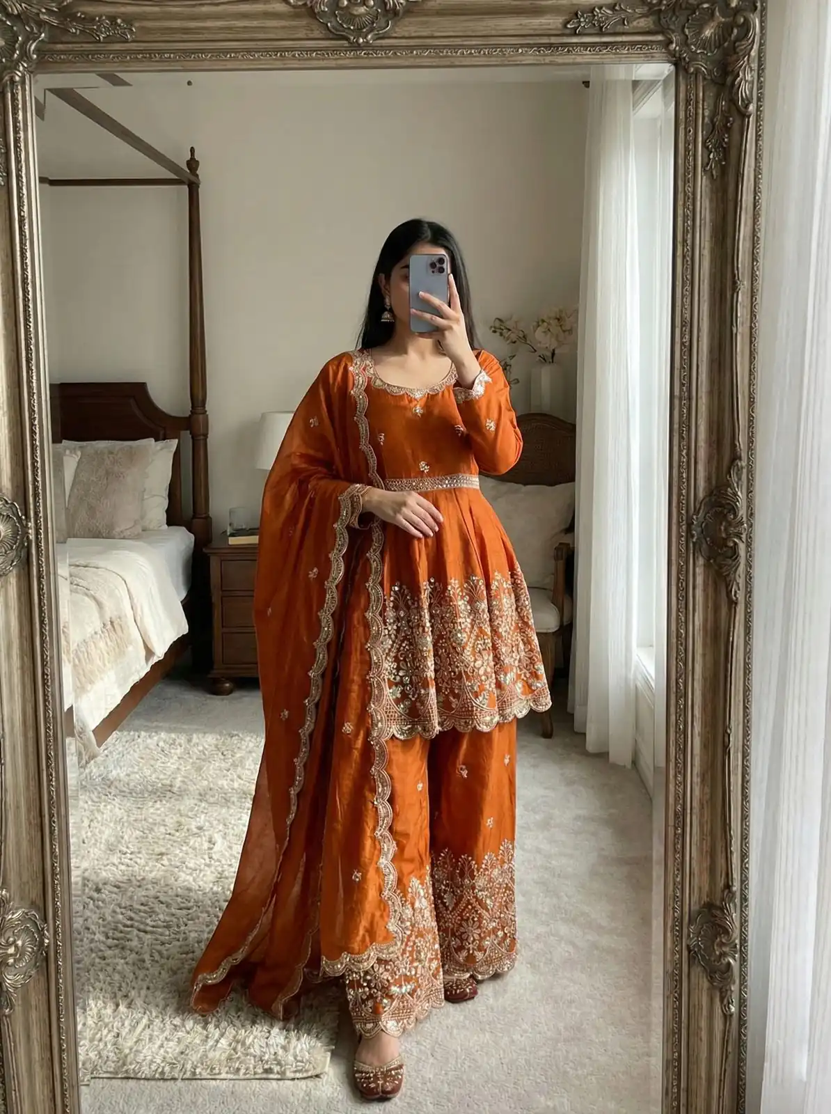 ZSR 3162 Rust Fendy Silk Salwar Suit with Mirror Work & Embroidery Work. Best Price ₹2149. Delivery 4-6 Working Days. Shop now. | Jump Suits, Straight Suits, Casual Suits, Creative suits, Designer Suits, Palazzo Suits, Party Wear Suits, Patiala Suits, Salwar suit