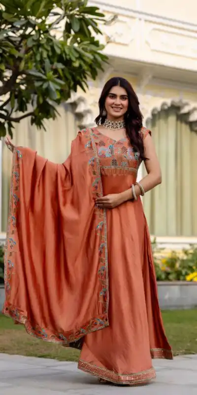 RR 39 Rust Vichitra Silk Gown Perfect for Wedding, Party, Holi, Anniversary, Mehendi –. Grab it for ₹2149. Delivery 4-6 Working Days. Shop now. | Bollywood Gowns, Creative Gowns, Designer Gowns, Embroidered Gowns, Gowns, Party Wear Gowns