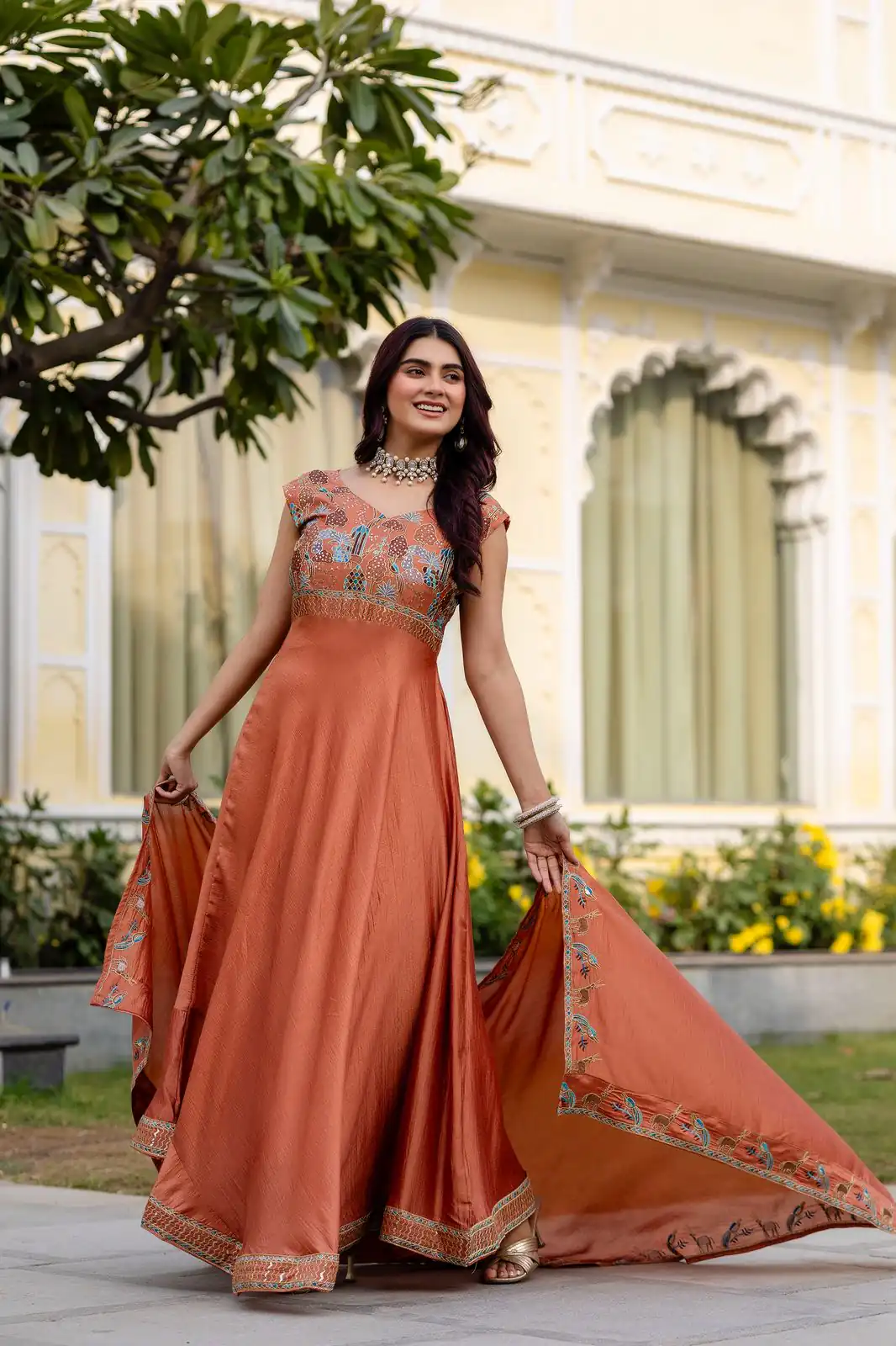 RR 39 Rust Vichitra Silk Gown Perfect for Wedding, Party, Holi, Anniversary, Mehendi –. Grab it for ₹2149. Delivery 4-6 Working Days. Shop now. | Bollywood Gowns, Creative Gowns, Designer Gowns, Embroidered Gowns, Gowns, Party Wear Gowns