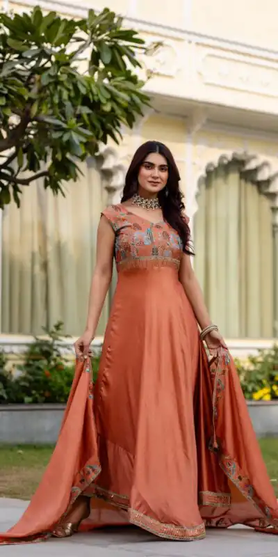 RR 39 Rust Vichitra Silk Gown Perfect for Wedding, Party, Holi, Anniversary, Mehendi –. Grab it for ₹2149. Delivery 4-6 Working Days. Shop now. | Bollywood Gowns, Creative Gowns, Designer Gowns, Embroidered Gowns, Gowns, Party Wear Gowns