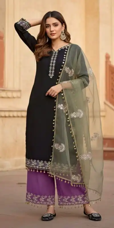 DB 35 Black Color Roman Silk Salwar Suit with Embroidery Work. Available at ₹2049 only. Delivery 4-6 Working Days. Shop now. | Jump Suits, Straight Suits, Casual Suits, Creative suits, Designer Suits, Palazzo Suits, Party Wear Suits, Patiala Suits, Salwar suit