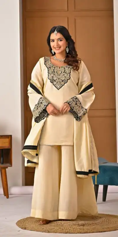 MD 3079 Cream Color Roman Silk Salwar Suit with Embroidery Work. Available at ₹2499 only. Delivery 4-6 Working Days. Shop now. | Jump Suits, Straight Suits, Casual Suits, Creative suits, Palazzo Suits, Party Wear Suits, Patiala Suits, Salwar suit