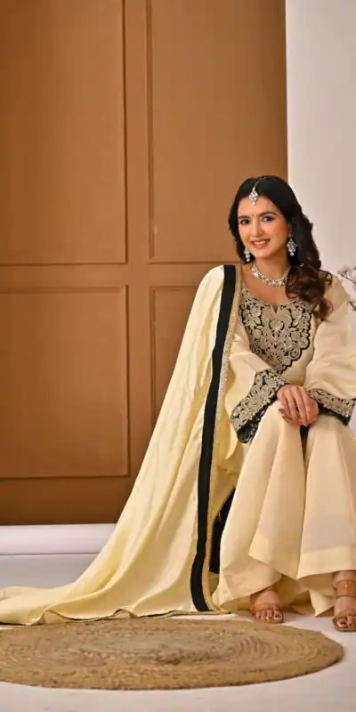 MD 3079 Cream Color Roman Silk Salwar Suit with Embroidery Work. Available at ₹2499 only. Delivery 4-6 Working Days. Shop now. | Jump Suits, Straight Suits, Casual Suits, Creative suits, Palazzo Suits, Party Wear Suits, Patiala Suits, Salwar suit
