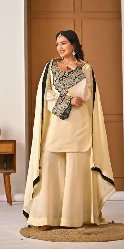 MD 3079 Cream Color Roman Silk Salwar Suit with Embroidery Work. Available at ₹2499 only. Delivery 4-6 Working Days. Shop now. | Jump Suits, Straight Suits, Casual Suits, Creative suits, Palazzo Suits, Party Wear Suits, Patiala Suits, Salwar suit